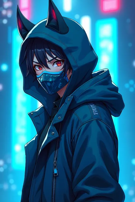  Teenager wearing a coat with ears on the cap and a mask in the same style as Sub-Zero in anime format,with blue and neon and light blue color palettes