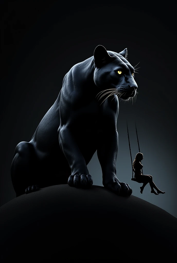 A black panther lying on top with a black background and on the bottom with a woman in the background sitting on a swing with her back 