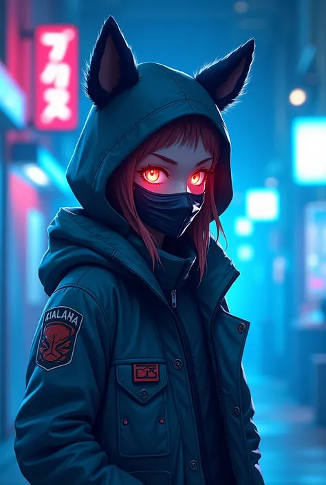  Teenager wearing a coat with ears on the cap like a furry and a mask in the same style as Sub-Zero in anime format,with blue and neon and light blue color palettes