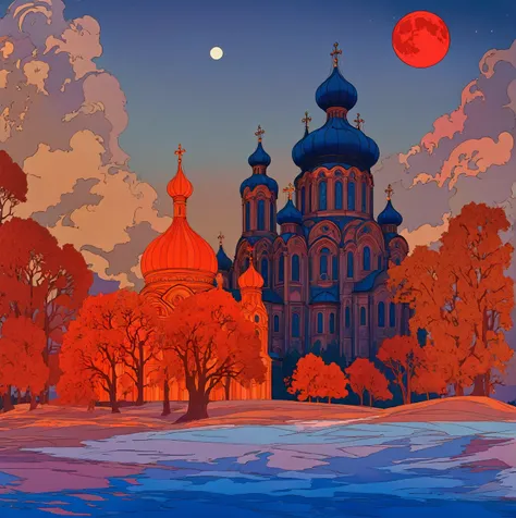 a dramatic orthodox church against a night sky with a large red moon, inspired by the slavic epic illustrations of ivan bilibin,...