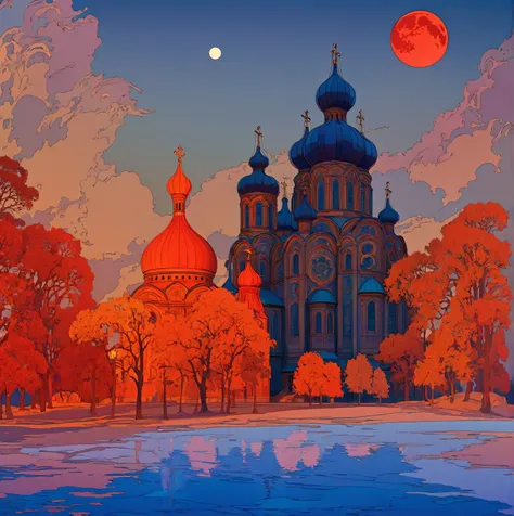 a dramatic orthodox church against a night sky with a large red moon, inspired by the slavic epic illustrations of ivan bilibin,...