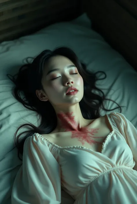 A corpse of a Chinese beautiful girl in her sleeping dress lying on the ground, eyes closed with strangle marks on her neck