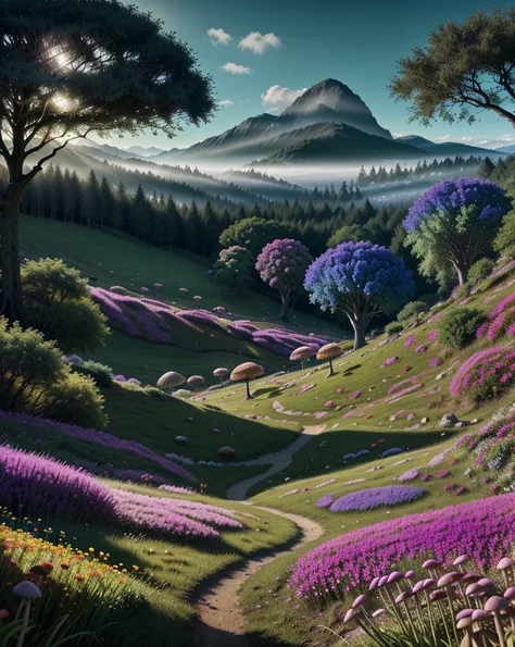 a surreal fantasy landscape, lush rolling hills, vibrant colorful flowers, mystical glowing mushrooms, ethereal mist, dreamlike ...