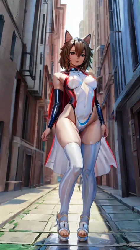 super hero, using white latex/red and semi-transparent (fully body), medium breasts, defined butt, defined legs, sensual and pro...