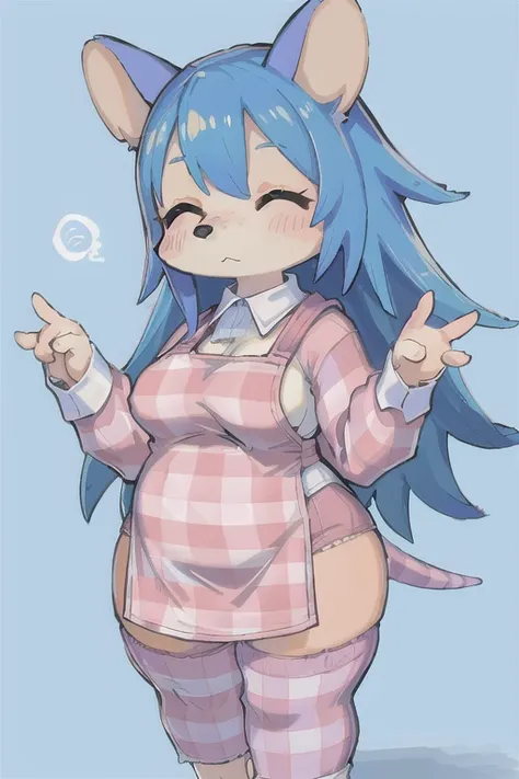 1girl, furry female, cowboy shot, mabel_(ac), blue fur, blush stickers, eyebrows, striped tail, closed eyes, plaid apron, snout,...