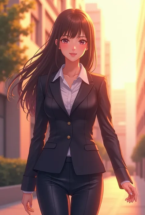 (photorealism:1.2), beautiful woman, long, wearing corporate office uniform, long hairstyle, going to work, soft lighting, outdoors, anime pose, anime, intricate details, warm and vibrantcolors, full body is seen.