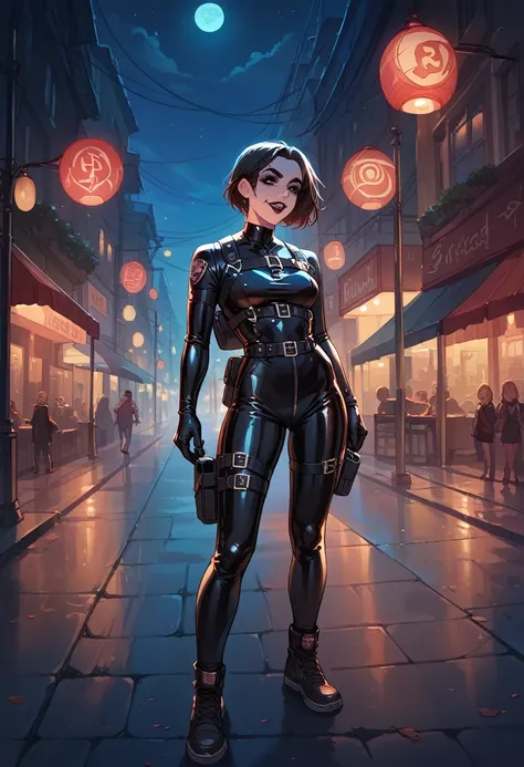 Extremely detailed, very sharp, best quality, female, Lidia Sobieska face, black rider latex suit, tall and lean body, harness, night, night street, lights, very short black haircut, dark makeup, pauldrons, holster,