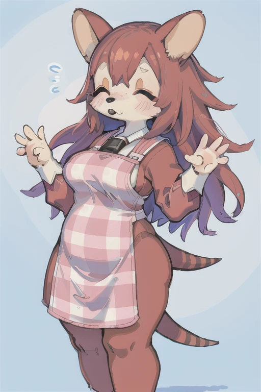 1girl, furry female, cowboy shot, mabel_(ac),blush stickers, eyebrows, striped tail, closed eyes, plaid apron, snout, chubby, sm...