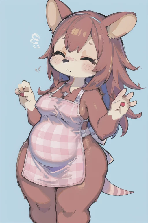 1girl, furry female, cowboy shot, mabel_(ac),blush stickers, eyebrows, striped tail, closed eyes, plaid apron, snout, chubby, sm...