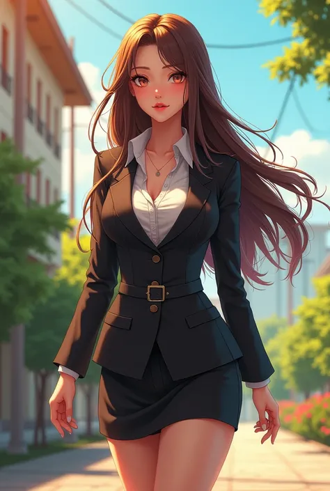 (photorealism:1.2), beautiful woman, long hair , wearing corporate office uniform, long hairstyle, going to work, lighting from above, outdoors, seductive
 pose, anime, intricate details, warm and vibrantcolors, full body is seen including shoes , big thig...