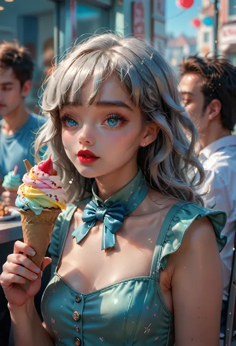 close-up of a man, holding an ice cream cone, cute girl, woman with wavy silver hair, bang, light blue eyes, red lips, delicate ...