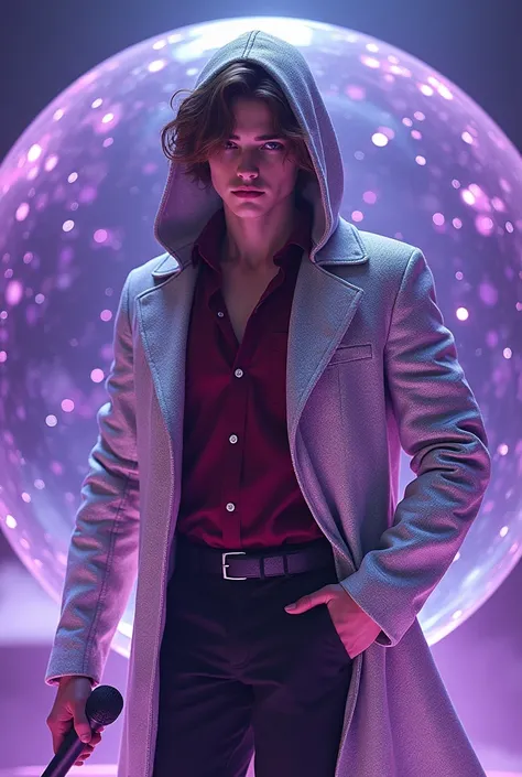 artwork best quality realistic image handsome american male teenager long brown hair light skin with wine button down shirt and black pants with coat cape and hood on head in silver color with details glowing inside a giant crystal ball and singing with a ...