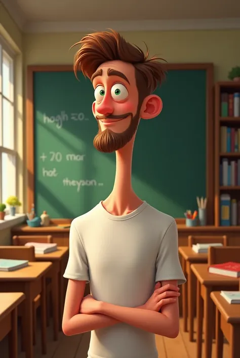 Disney Pixar style cover of a tall man, thin white tea, brown hair combed to the side, with beard, green eyes in a classroom