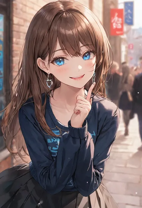 one girl, ahoge, bangs, black skirt, black sweater, blue claws, blurred, blurred background, chest, blue eyes, brown hair, brown...