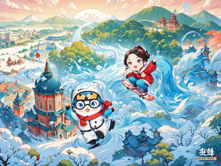 A cartoon man on snowboard in the city, Official Fanart, 8K cartoon illustration, Hand drawn cartoon art style, Cold as ice! 🧊, Official Art, Official Artwork, Official illustrations, Dreamy China, Propaganda Art in the 2020s, A beautiful artistic illustra...