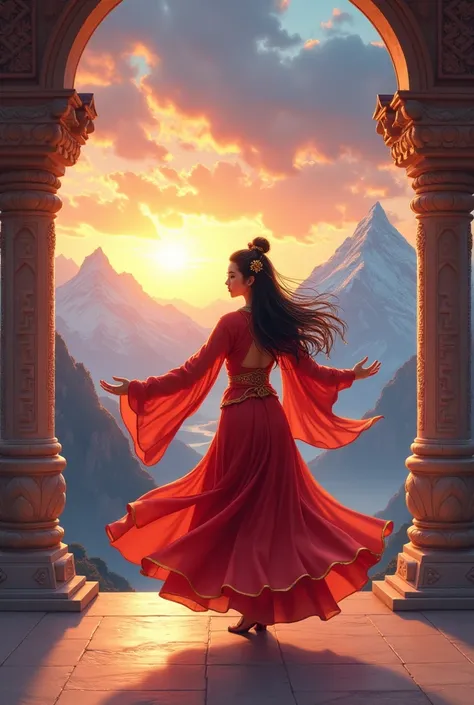 Prompt 20240827 090800 8 In a majestic mountain temple bathed in the warm light of the setting sun, a young woman is depicted performing a graceful dance. She is surrounded by ancient stone pillars, their surfaces etched with intricate carvings that glow s...