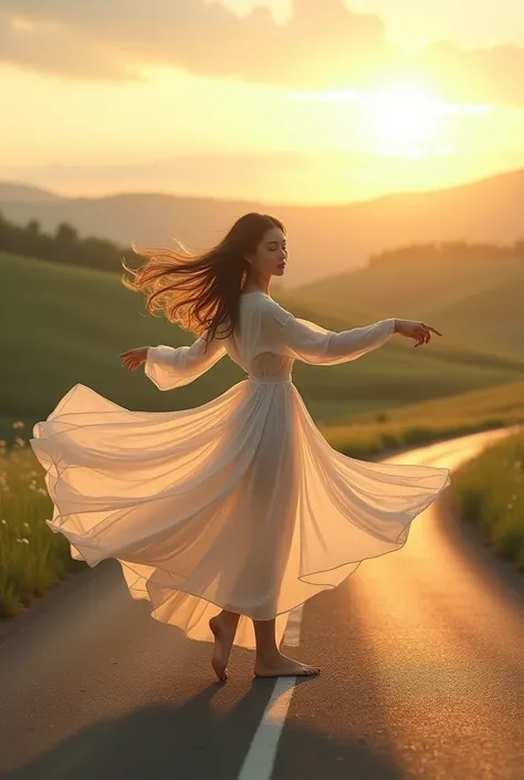 A beautiful girl dancing on the road