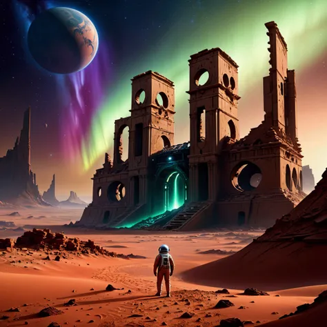 Night view, Northern Lights in the starry sky, (The ruins of an alien civilizations architecture)On Mars,Crumbling structure,The environment is desolate,Infinite horizon,Atmospheric perspective,Astronaut explorer,Weird atmosphere,Strange symbols,Surreal la...