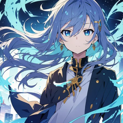 The image shows an anime style character/manga with short wavy hair. The hair is predominantly white, but with some dark highlights, almost bluish, especially at the bottom. The character has big eyes, blue and expressive. He wears long, ornate earrings in...