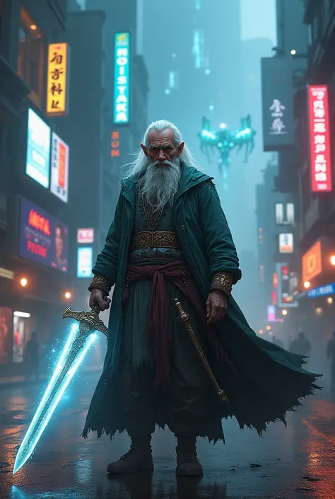 The divine sword is very powerful. The sword is beautiful. Bangkok in the future. An old man fights with aliens. Dark fantasy.