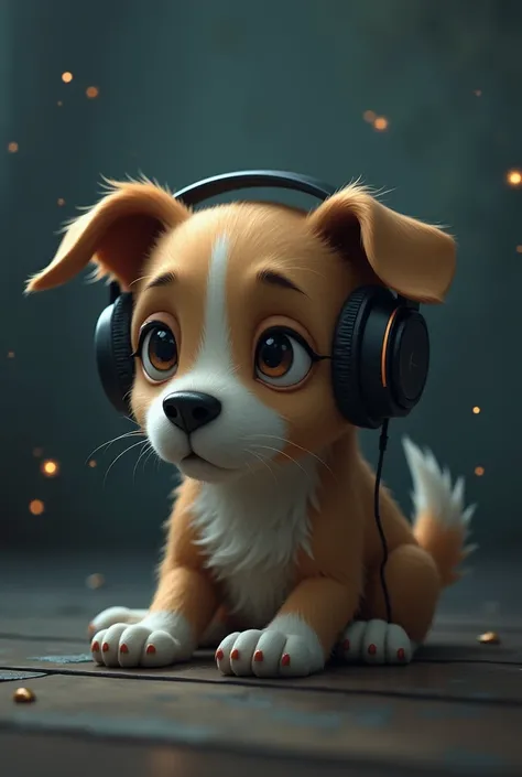 A dog listening to sad music with headphones and being animated 

