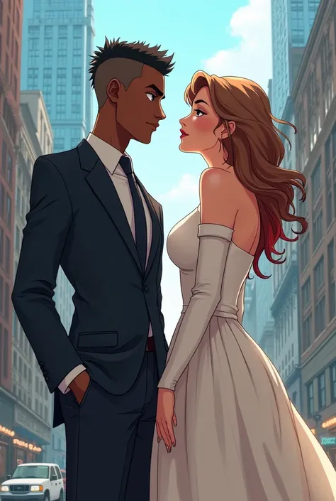 Anime style illustration of a couple consisting of a young black man with short haircut, super tall stature with a thin but muscular body, with thin facial features wearing formal clothing and by an extremely white woman, lowrise, curvilinea, with broad sh...