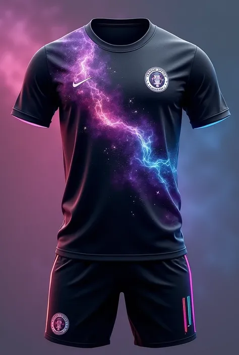 Make a football kit with this style, Cosmic Nebula Style: Black T-shirt with a gradient that simulates a space nebula in purple tones, blue and pink. Stars and small silver details shine in different parts of the shirt. The team&#39;s crest has a holograph...