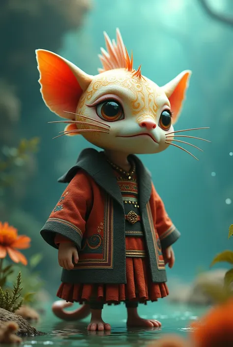 A 3D animation of a cute and tender catfish with a large and majestic humanoid body that lives in a lake or in the water and has small ears that does not look like a cat with a catfish face and typical clothing from the Andean region. 