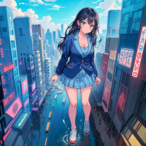 Composition seen from below Blue sky, thunderclouds, sunlight, masterpiece Anime style delicate painting 4K 90s Huge Multiple crowds Crowd in a big city Many people ((Giant high school girl standing in the valley of skyscrapers))  ((((Giant high school gir...