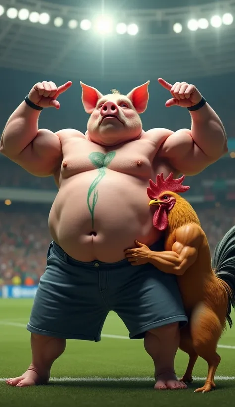 A muscular pig, well-defined gym belly, puffed out chest and shirtless, green tattoo, crossing his arms above his head pointing the middle finger of both hands, inside a soccer stadium, next to a muscular rooster, well-defined gym belly, puffed out chest a...