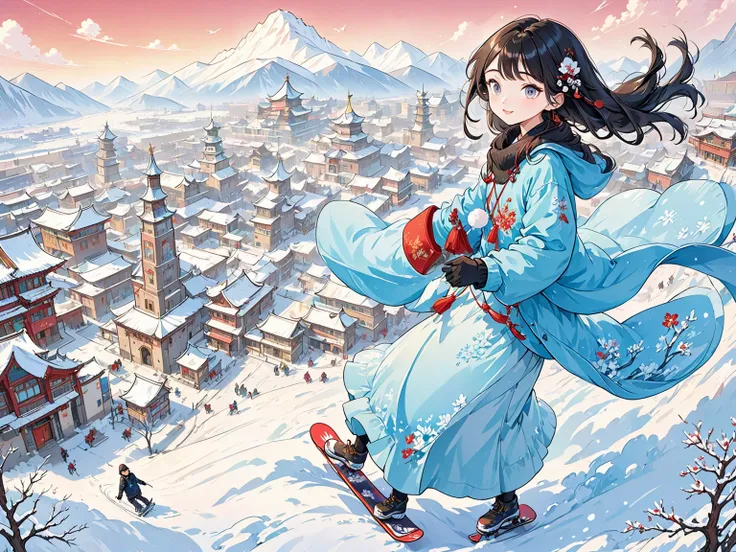 A cartoon man on snowboard in the city, Official Fanart, 8K cartoon illustration, Hand drawn cartoon art style, Cold as ice! 🧊, Official Art, Official Artwork, Official illustrations, Dreamy China, Propaganda Art in the 2020s, A beautiful artistic illustra...