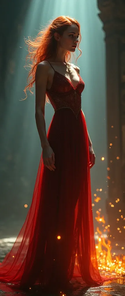 1 girl, sorceress, full body shot, Seeing through the gown, fiery hair, fire wizard