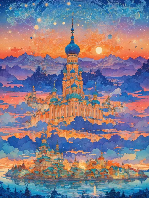 Close-up of a poster，The background is a building, A starlit city at sunset, Ivan Bilibin (Ivan Bilibin) of inspiration, Grainy Risograph Matte, Sacred City | illustration, inspired author：Igor Grabar, slav epic, Magical Soviet town, author：Igor Grabar, 受到...