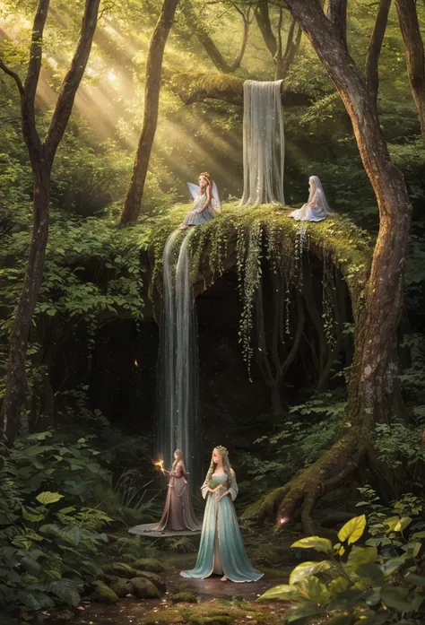 Create a magical scene featuring three ethereal fairies in an enchanted forest at dusk. 
The fairies should have delicate, translucent wings that shimmer with a soft glow. 
One fairy is sitting on a mushroom, another is hovering in mid-air, and the third i...