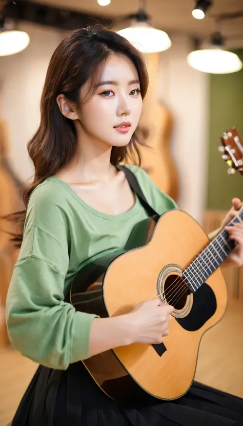 Raw photo of beautiful korean female, 34 inch breasts size, wearing fitting green t-shirt, Tight black knee-length skirt, playing acoustic guitar, in music school, bokeh background