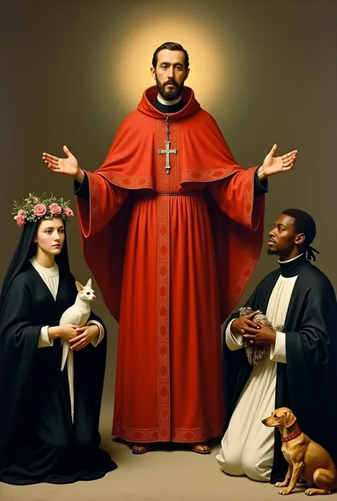 Bishop Saint Toribio de Mogrovejo in a red habit extending his arms to both sides and to his left is Saint Rose of Lima, Saint Blanca, in a black and white Dominican habit on her knees with a crown of roses on her head and to his right is Saint Martin de P...