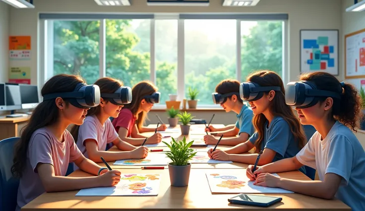 Depicting a bright classroom，Full of technology。Students in the classroom can use VR glasses for virtual reality learning，They can explore various scenarios and knowledge in an immersive way。at the same time，There are also students drawing cartoon characte...