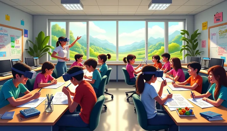 Depicting a bright classroom，Full of technology。Students in the classroom can use VR glasses for virtual reality learning，They can explore various scenarios and knowledge in an immersive way。at the same time，There are also students drawing cartoon characte...