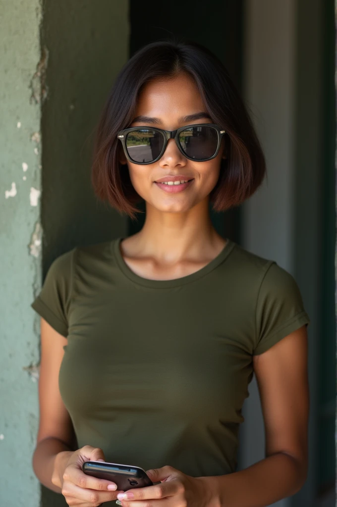 photo of a 20 year old Javanese woman, beautiful, with exotic skin, wearing a tight army color t-shirt, short hair to the ears, wearing lacamata playing with a cell phone, big tits