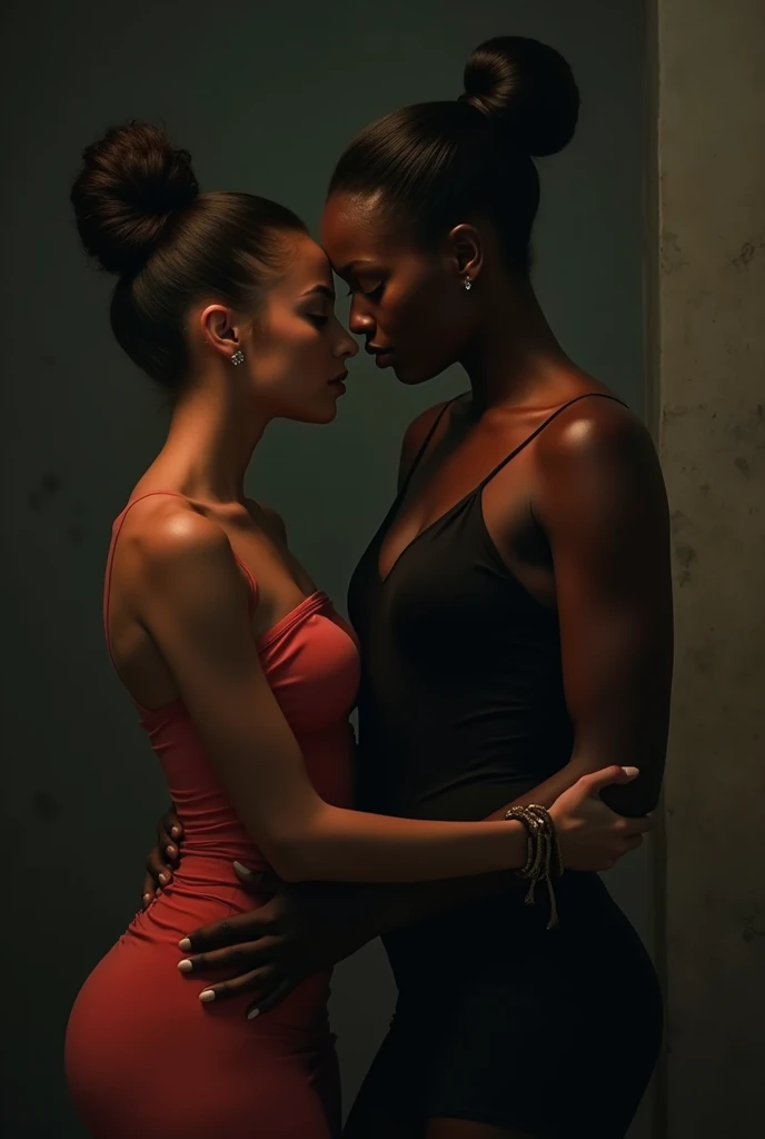 a black woman with hair in a bun, wearing a black hoodie and black leather shorts, being penetrated anally by an older woman in a dress, intricate details, high resolution, photorealistic, dramatic lighting, cinematic composition, intense shadows, hyper de...