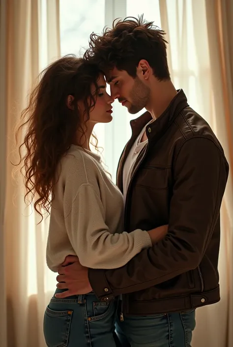 a couple, beautiful mbti intp girl, messy curly long hair,  body, small chest, sweater top, jeans pants, handsome mbti istp man, messy short hair, big muscles, leather jacket, jeans pants 