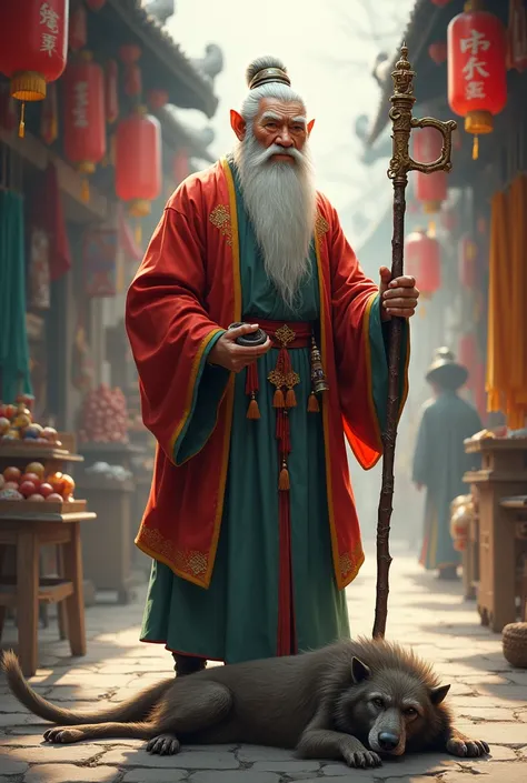 Now create an image in size 1080 x 1920 of sun wukong as a salesman holding his staff and the dead werewolf at his feet, Sun Wukong has the appearance of a wise man in traditional dress from his story.