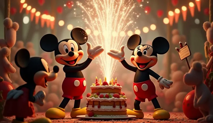 Reference Disney scene，a RAW ultra -realistic photo UHD 8K
    Image: As the song ends, the camera pulls back to show the characters cheering and jumping for joy. A small fireworks display erupts from the cake, marking the celebrations climax.
    Action: ...