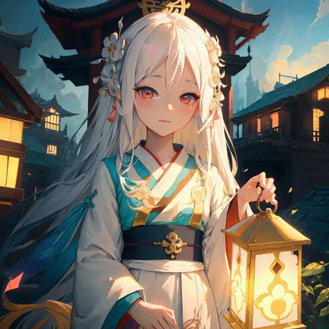 Anime girl with long white hair，Standing in front of a building holding a lantern, Lovely and detailed digital art, Anime style digital art, Digital 2D fantasy art, rossdraws Global Illumination, palace ， Girl wearing Hanfu, Fantasy art style, guweiz style...