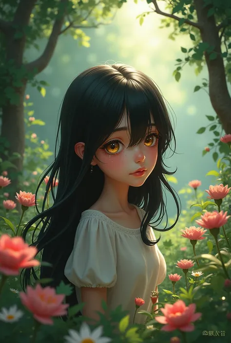 A girl with black hair and yellow eyes crying in the garden smiling 