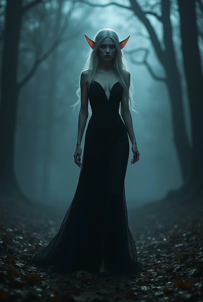 light tulle fabric, magical, pointy ears, innocent looking face, innocent look, Extremely passionate and seductive elf. r, Long, loose dress that flies like a black evening veil, walking in a forest on a dark and gloomy night with fog in the background. fu...