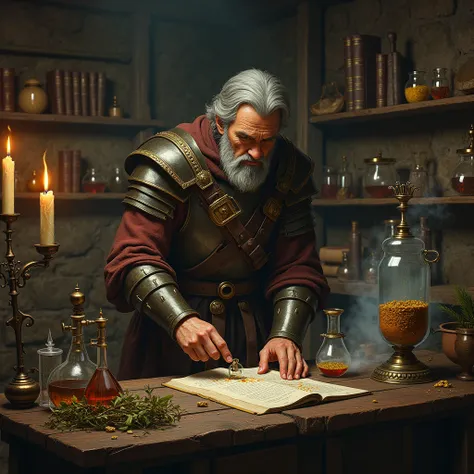 a medieval warrior working with plants and herbs in a medieval laboratory