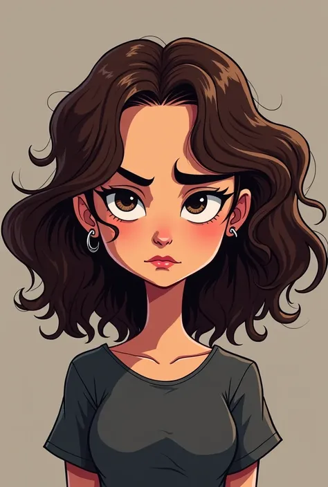 Brunette cartoon character with eyebrow piercing with serious face and curly hair