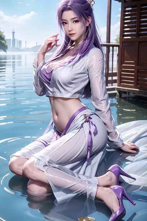 chinese purple cheongsam，long legs，in the bedroom，full-body shot，wear purple high heels，lying in the water，wet hair，clothes are ...