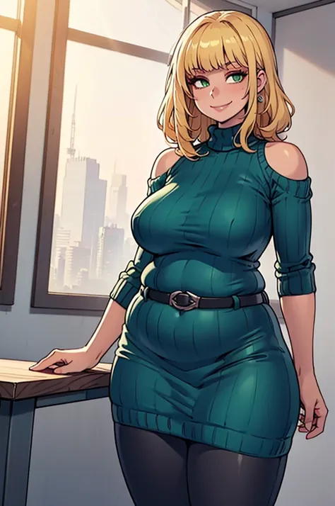 ((Masterpiece, best quality, perfect lighting, amazing shading)), (perfect anatomy, realistic proportions), field of depth, extremely beautiful, 1girl, (straight blonde hair), curtain bangs, green eyes, (neon blue sweater), leggings, (((fat))), (ribbed swe...